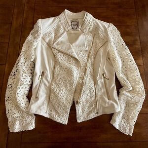 Coalition Downtown White Faux Leather Floral Crochet Lace Moto Jacket Womens M
